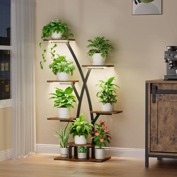 BACEKOLL Pflanzenständer mit Wachstumslicht - 7 Ebenen Blumenständer 105cm Metall Holz Pflanzenregal