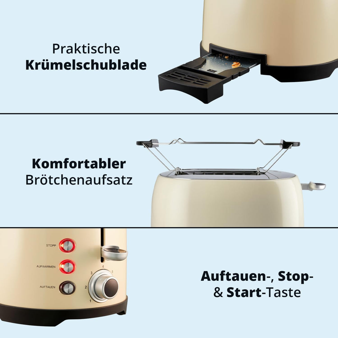 KHG Retro Frühstücksset | Toaster 2 Scheiben mit Brötchenaufsatz, 7 Bräunungsstufen 800W | Wasserkoc