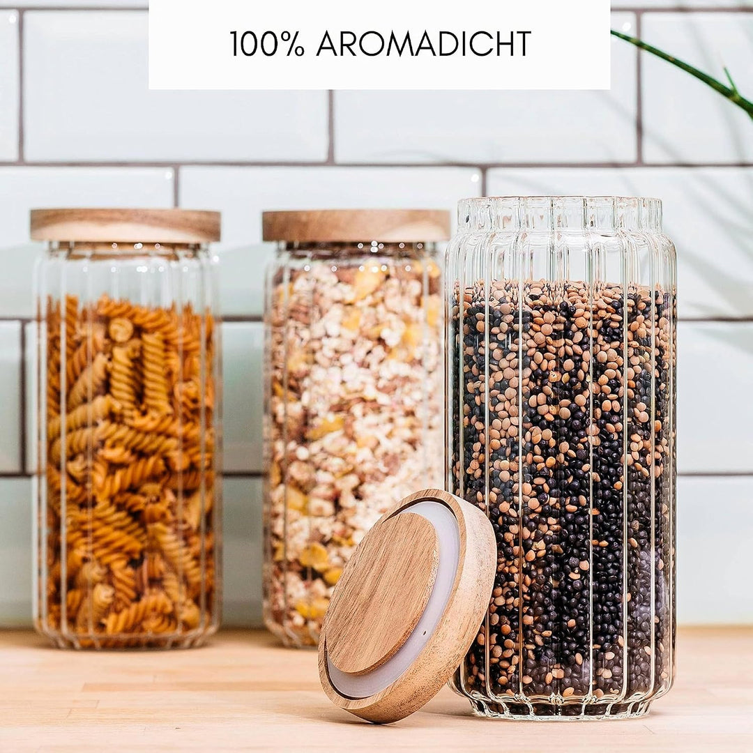 Econovo® Vorratsgläser mit Deckel geriffelt (1000ml | 3-tlg.), stapelbar und luftdicht, Vorratsbehäl