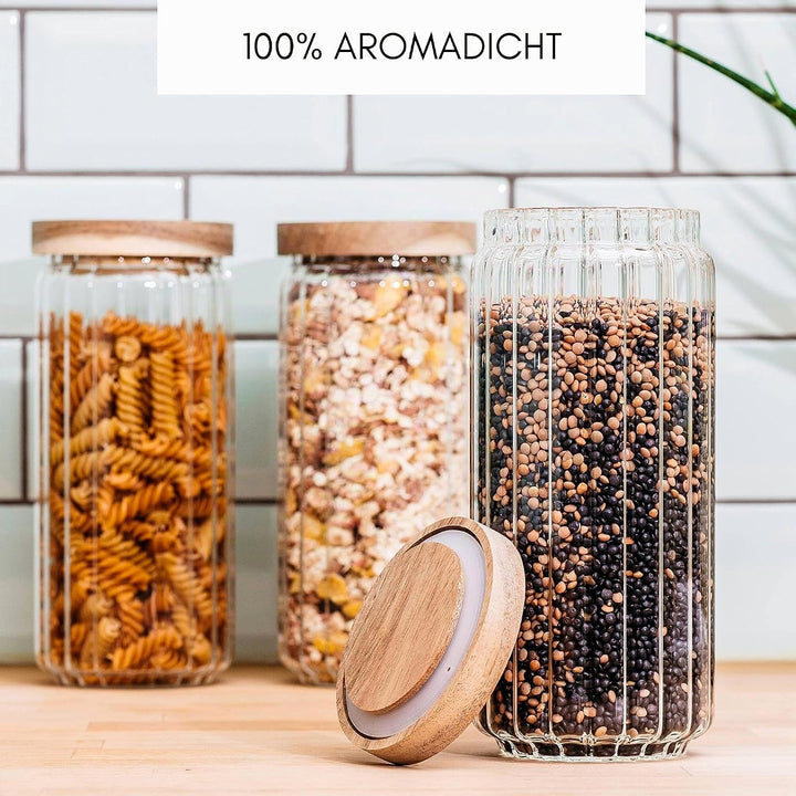 Econovo® Vorratsgläser mit Deckel geriffelt (1000ml | 3-tlg.), stapelbar und luftdicht, Vorratsbehäl