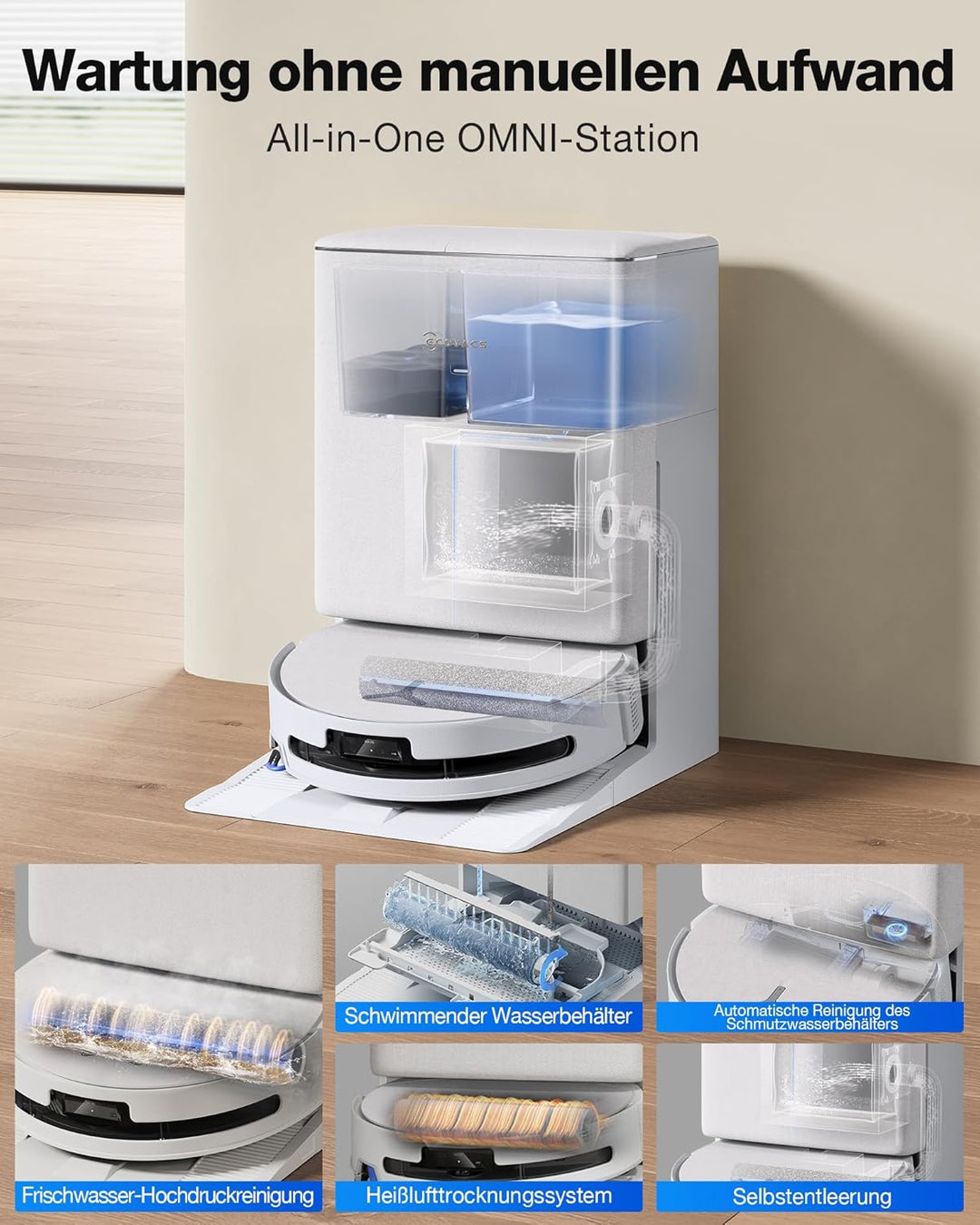 ECOVACS DEEBOT T90 Omni Saugroboter mit Wischfunktion, Roboterstaubsauger 30.000 Pa, OZMO-Roller 3.0