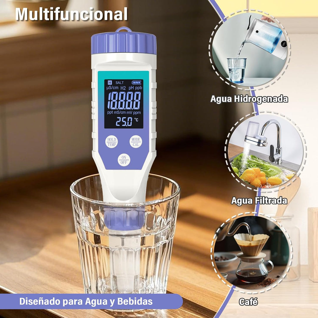 ph Messgerät für Wasser, 7 in 1 pH H2 TDS ORP EC Temperatur Salzgehalt Wasserqualität Tester für Was