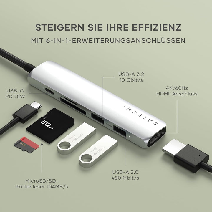SATECHI 6-in-1 Slim Plus USB-C-Hub, Multiport-Adapter mit 100-W-PD-Ladefunktion, HDMI 4K@60Hz, 2 x U