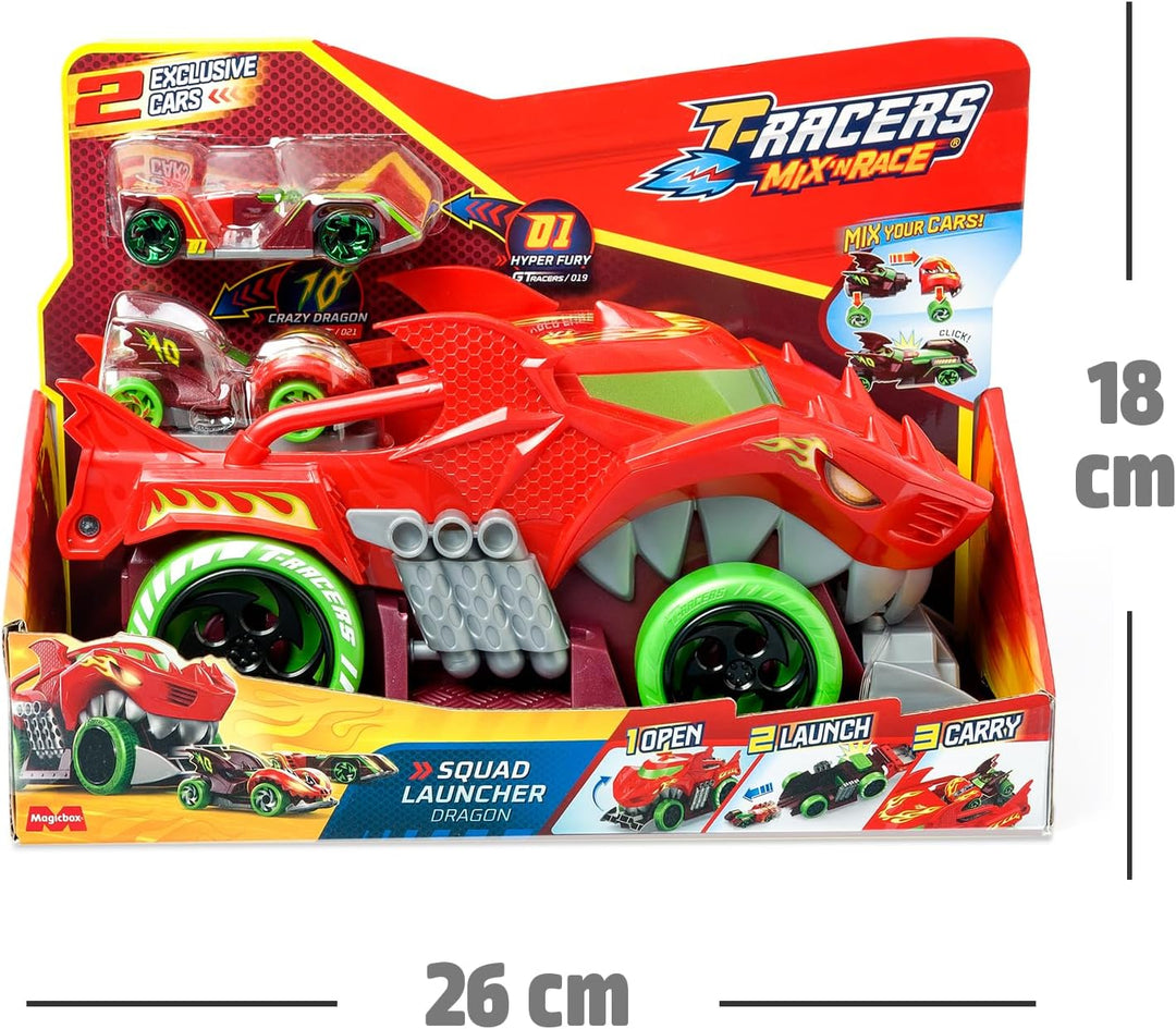 T- Racers Mix 'N Race Squad Launcher Drache, der Sich in einen Launcher verwandelt. Enthält 2 Exklus