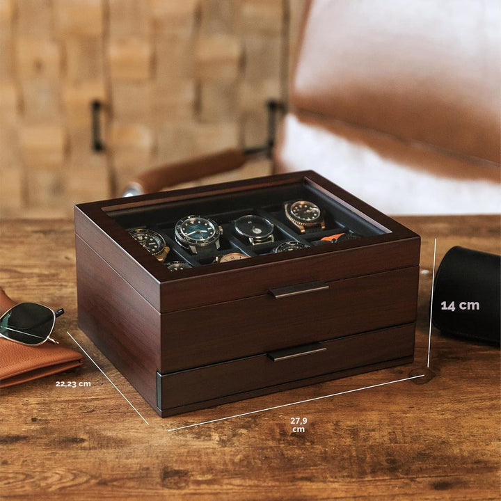 CASE ELEGANCE Uhrenbox mit 8 Fächern für Herren, Kirschholz-Walnuss-Finish, Uhrenvitrine, modulares