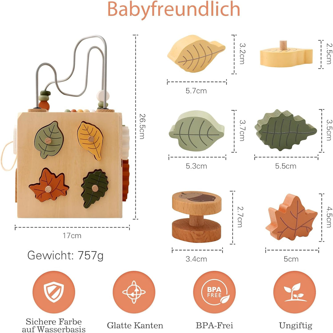 WOODEN TEETHER Montessori Motorikwürfel holzspielzeug Montessori Spielzeug 6 in 1（Naturholzfarbe Akt