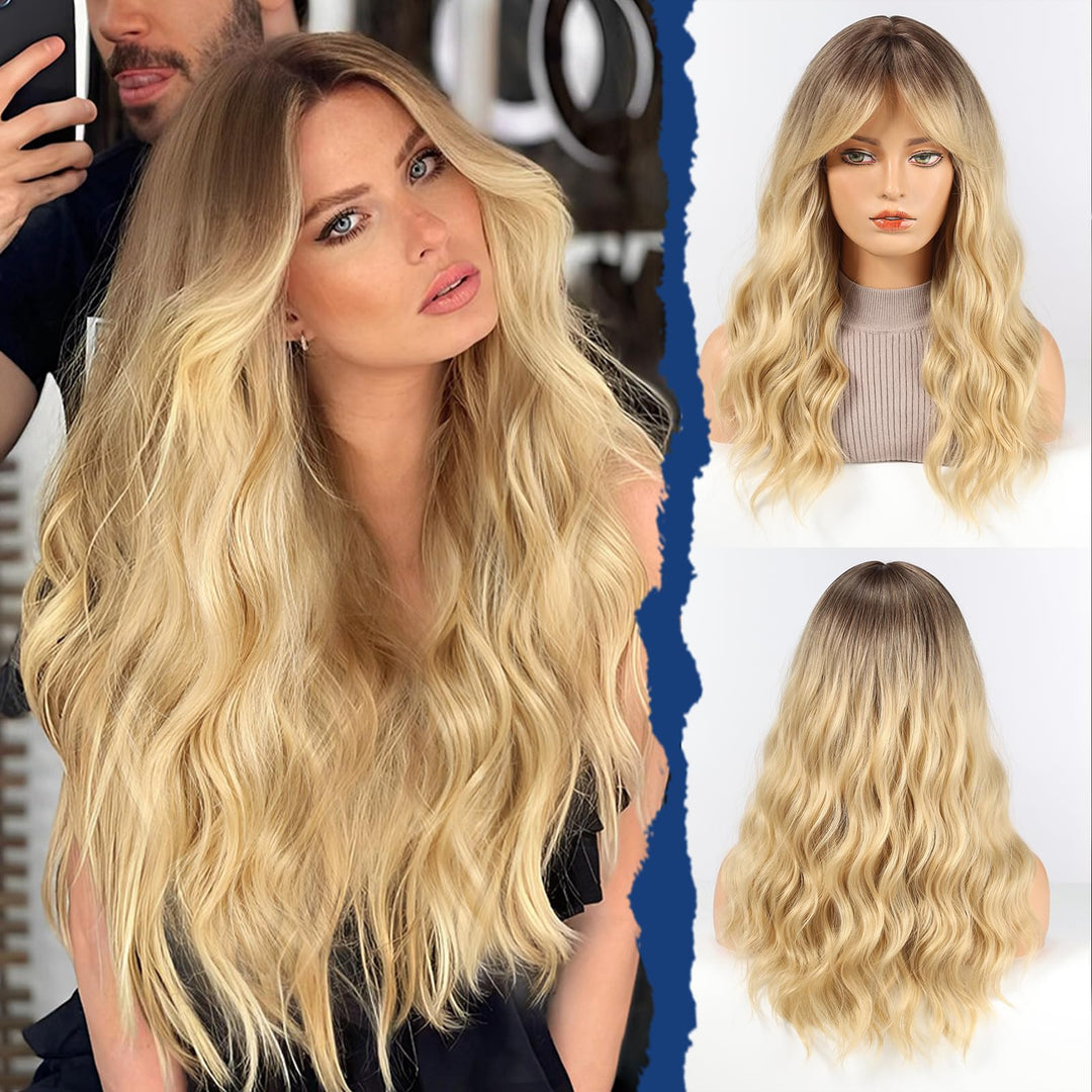 HAIRCUBE Damen Perücke,Ombre Blonde Perücke Lange Lockige Mit Pony Für Frauen,Natürliche Synthetisch