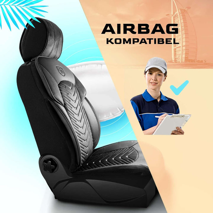 Autositzbezüge Universal für PKW & SUV – Premium Vordersitze Auto Sitzbezug aus Samt, Schwarz-Grau,