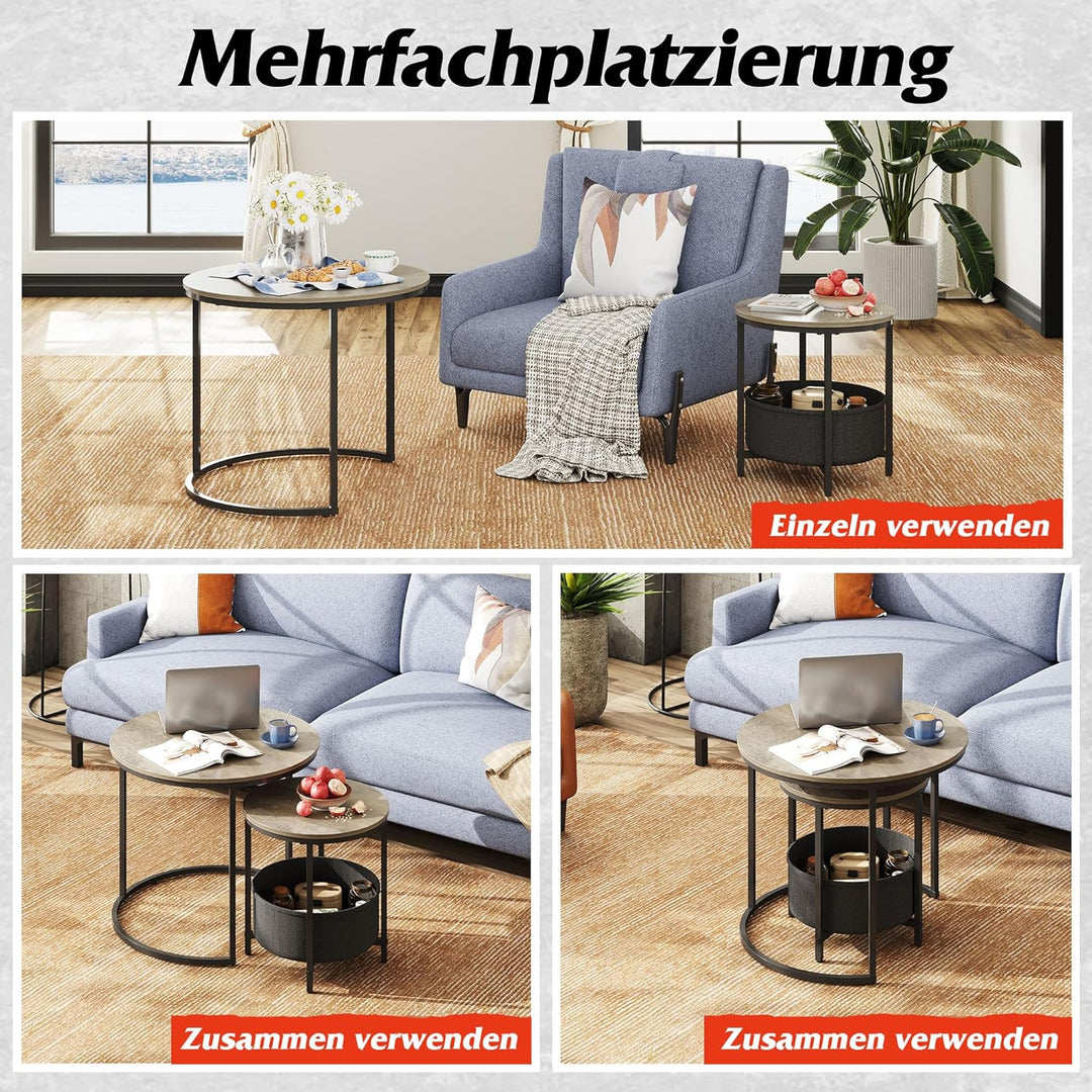 WLIVE Couchtisch Rund 2er Set, Kleiner Beistelltisch mit Stoffkorb, Satztische Wohnzimmertisch mit M
