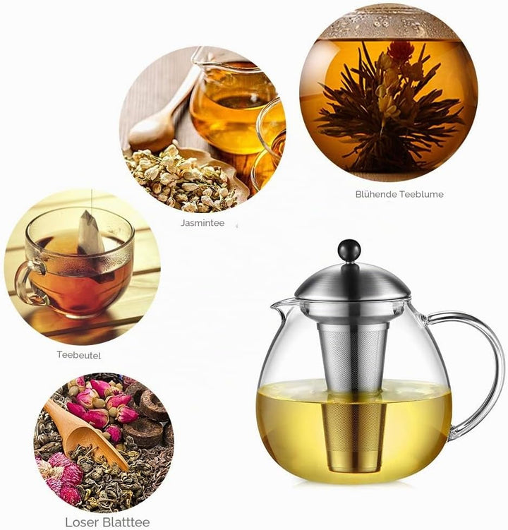 glastal 1500ml Silberne Teekanne mit Stövchen Teebereiter Glas und Edelstahl Teewärmer Teekanne Suit