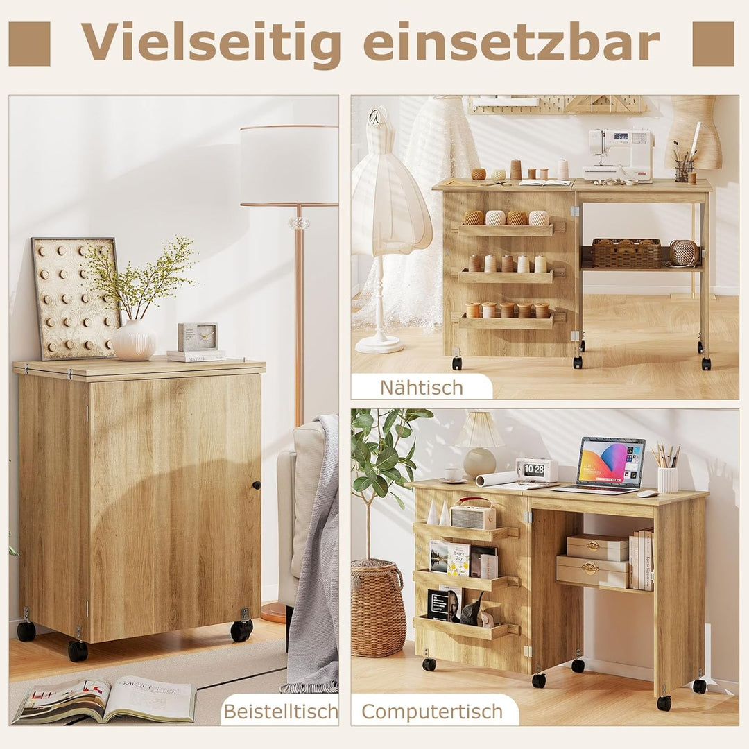 GIANTEX Nähtisch klappbar, Nähmaschinentisch auf Rollen, Nähtisch für Nähmaschine, Nähschrank Holz,