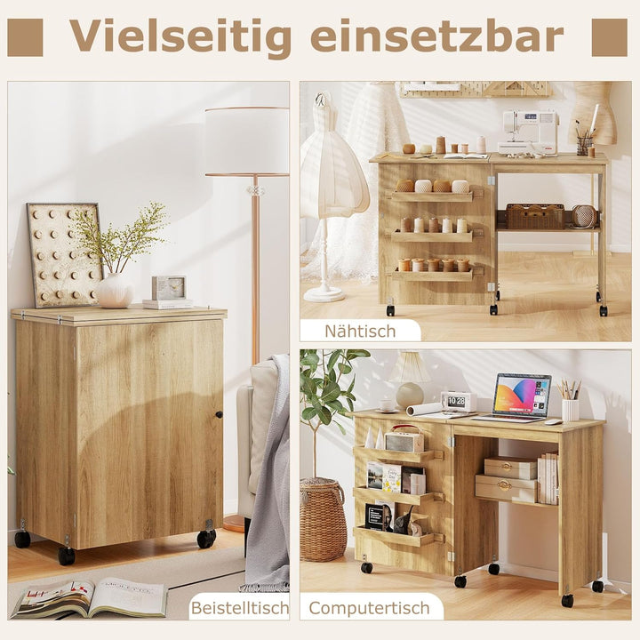 GIANTEX Nähtisch klappbar, Nähmaschinentisch auf Rollen, Nähtisch für Nähmaschine, Nähschrank Holz,