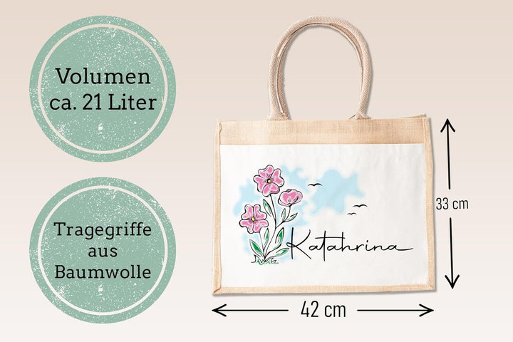 LIEBTASTISCH - Jutetasche mit Personalisierung - Blumen - Geschenk-Tasche - Verpackung - Abschied -