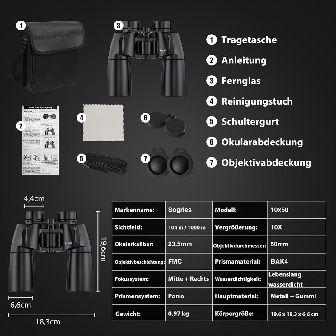 10 x 50 Fernglas - Hochleistungs-Fernglas für Erwachsene, HD optisches System, Rutschfester Griff, w