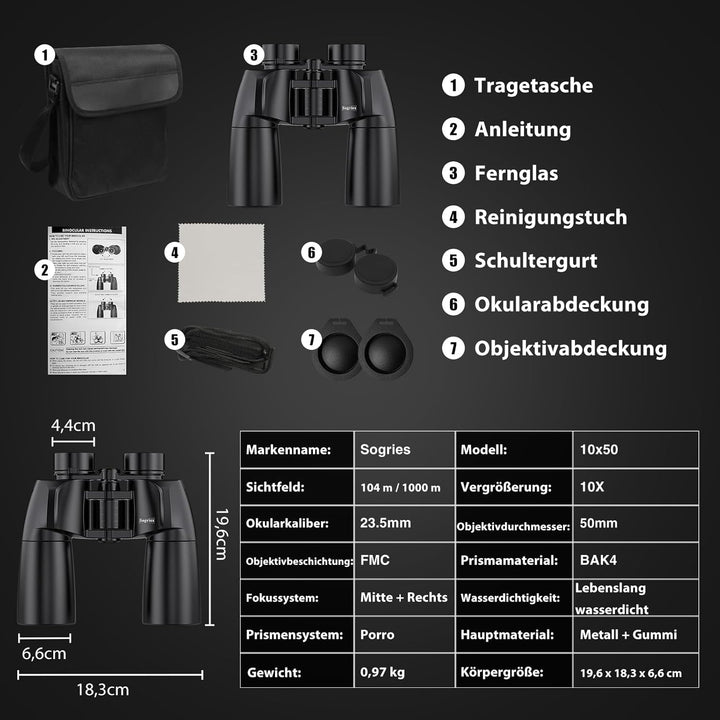 10 x 50 Fernglas - Hochleistungs-Fernglas für Erwachsene, HD optisches System, Rutschfester Griff, w