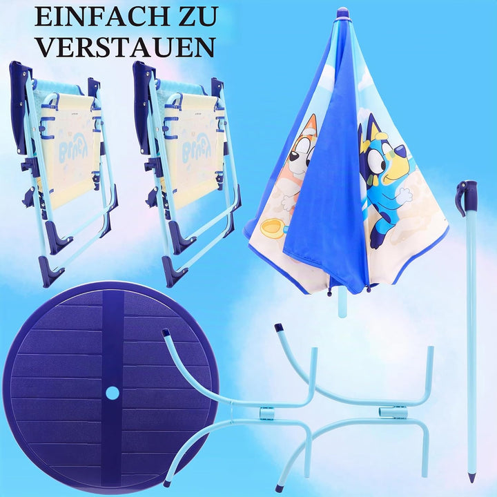 Toyland® Bluey &amp; Bingo Terrassenset mit Tisch und Stühlen – 1 Tisch, 2 Stühle und 1 Sonnenschirm – K
