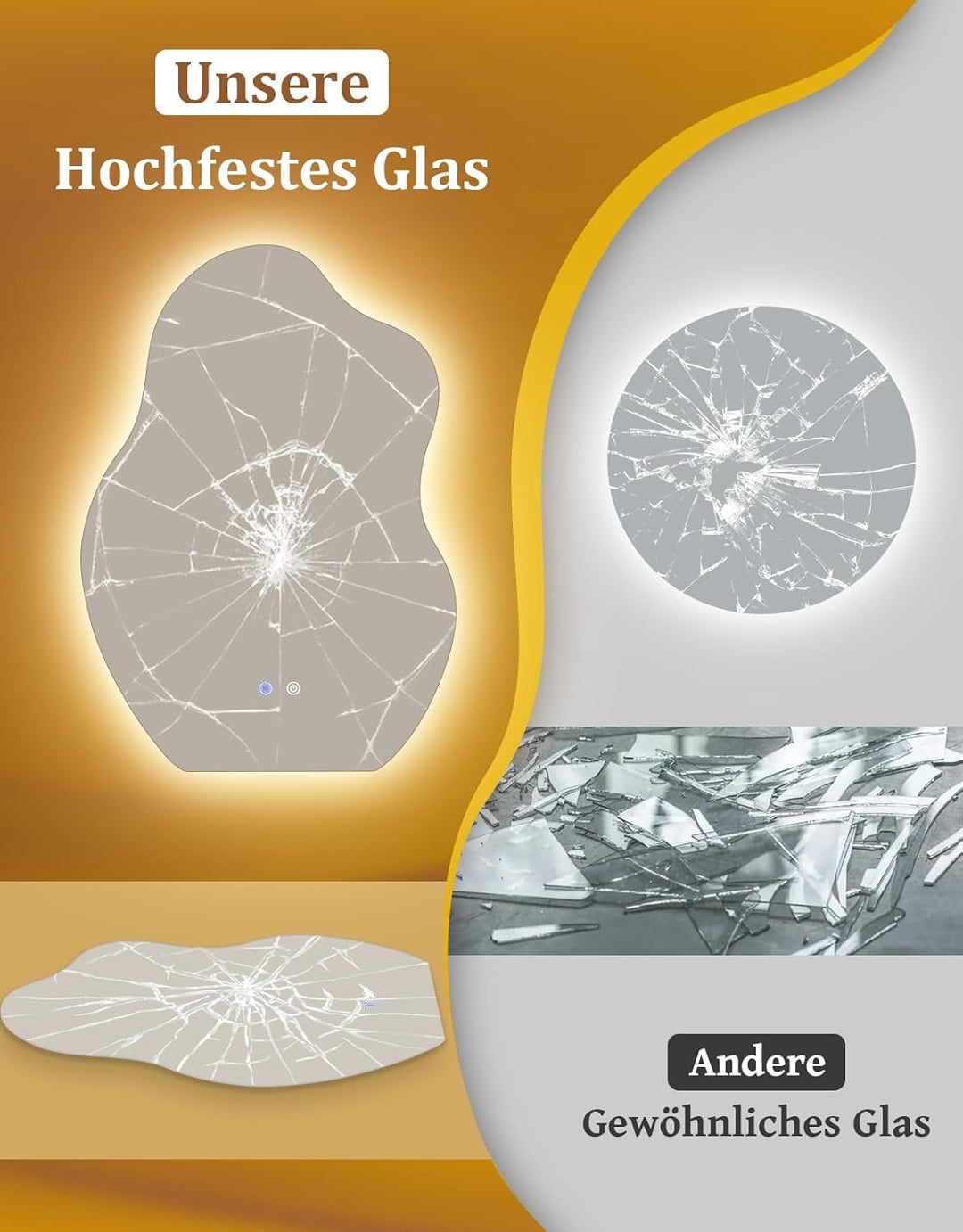 Asymmetrisch Badspiegel Mit Beleuchtung,LED Bad Wand Spiegel Badezimmer Wandspiegel Mit Licht, IP44