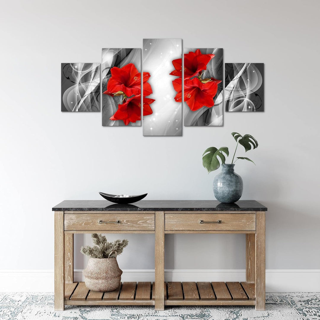 Runa Art Wandbilder Blumen Lilien 5 Teilig Bild auf Vlies Leinwand Deko Wohnzimmer Abstrakt Grau Rot