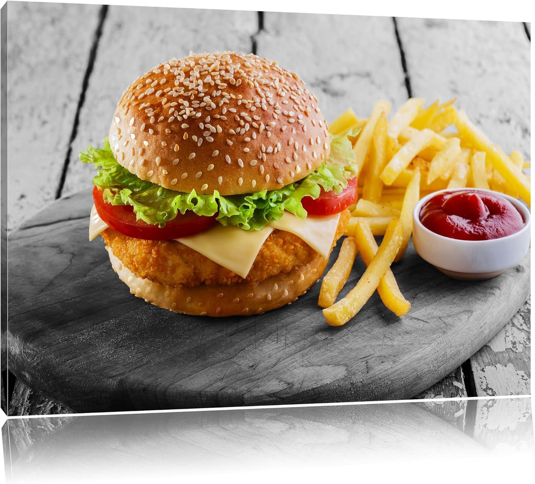 Pixxprint Chickenburger Pommes als Leinwandbild/Grösse: 100x70 cm/Wandbild/Kunstdruck/fertig bespann