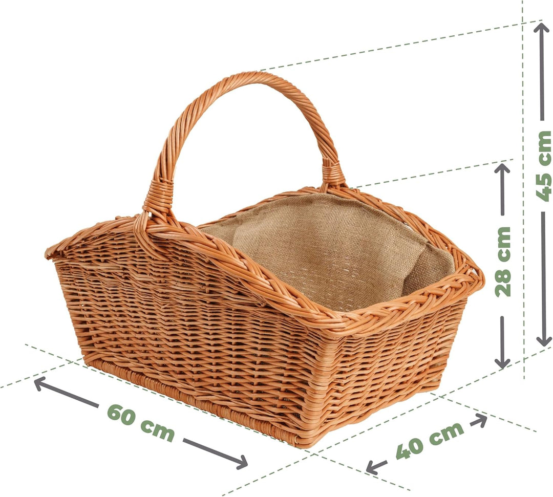BOGATECO Weidenkorb mit Henkel, rechteckig | Kaminkorb 60x40x28 | Handgewebt, massiv | Holzkorb mit