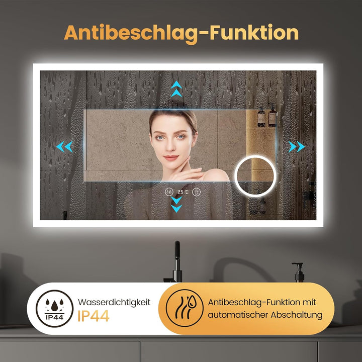 YOLEO Badspiegel mit Beleuchtung, LED Spiegel mit Uhr, Temperatur, 3-Fach Vergrösserung, Wandspiegel