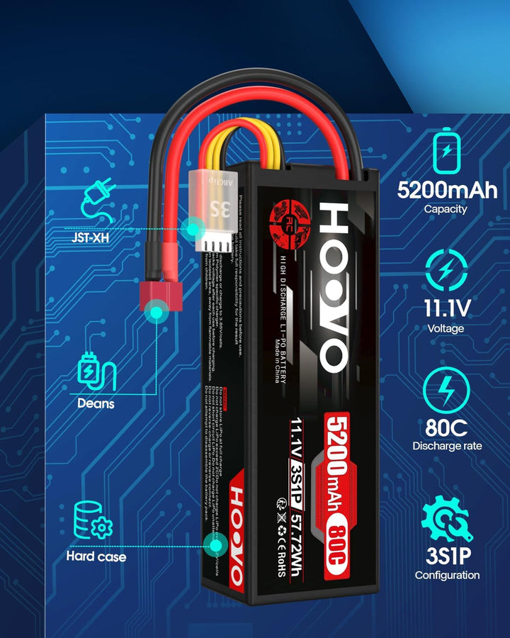 HOOVO 3S Lipo Akku 11,1V 5200mAh 80C HardCase Lipo Battery mit Deans T Stecker RC Batterie für RC Au