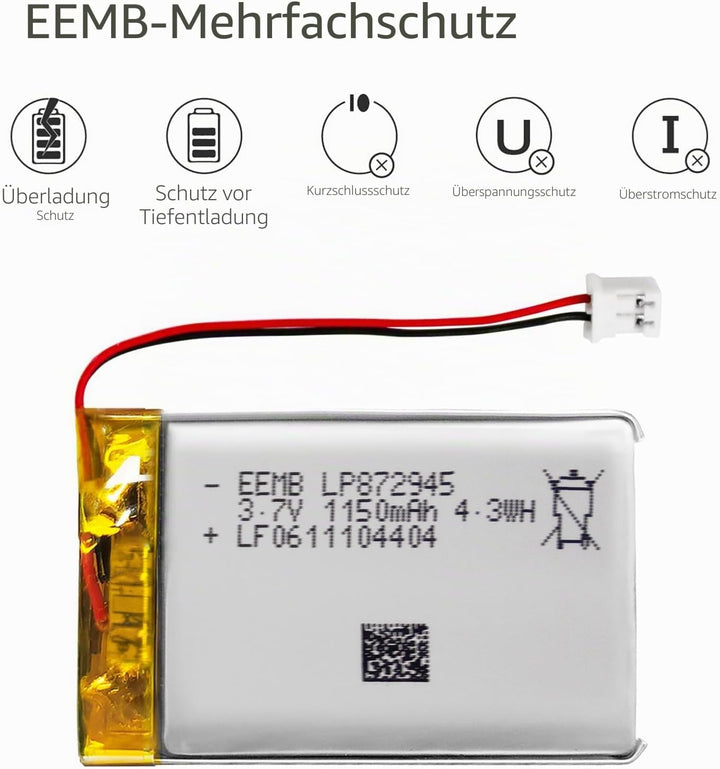 EEMB Lithium Polymer Akku 3,7 V 1400mAh 112945 Wiederaufladbarer Lipo-Akku mit JST-Anschluss für VXI