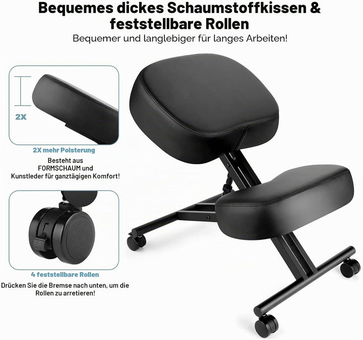 Kniestuhl Ergonomischer, Verstellbarer Kniehocker Stuhl für Büro, Metallgestell + Leder Bürostuhl Si