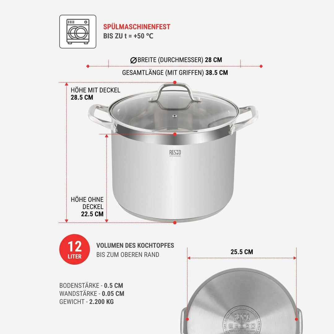 RESTO Edelstahltopf 28cm - Suppentopf, Universaltopf 13 L - Schmortopf mit Deckel - Topf für alle He
