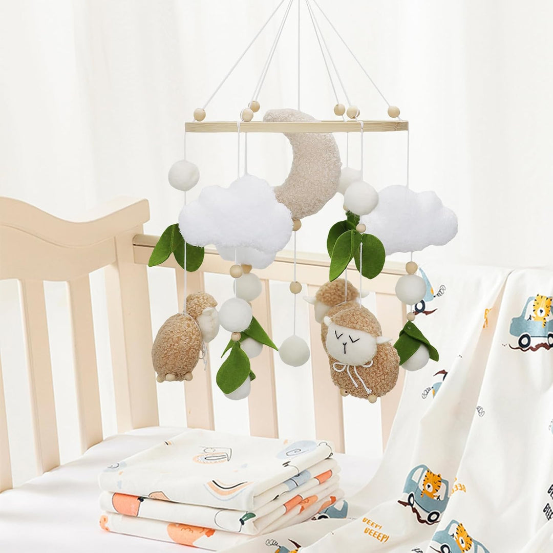 Lamm Mobile Baby Windspiele, 3D Schafe Mond Wolken Mobile Baby Holz mit Filzbällen, Bettglocke Anhän