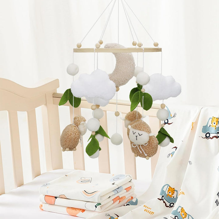 Lamm Mobile Baby Windspiele, 3D Schafe Mond Wolken Mobile Baby Holz mit Filzbällen, Bettglocke Anhän