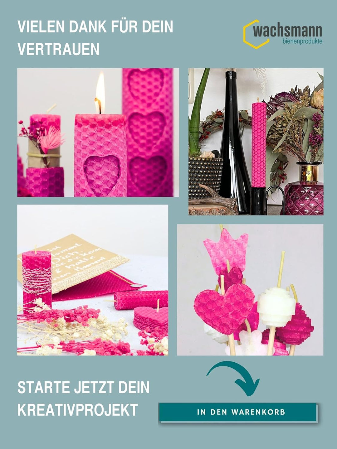 Wachsmann 20 Bienenwachsplatten aus Deutschland, pink, Wachsplatten 20 x 15 cm, Bienenwachs Kerzen s