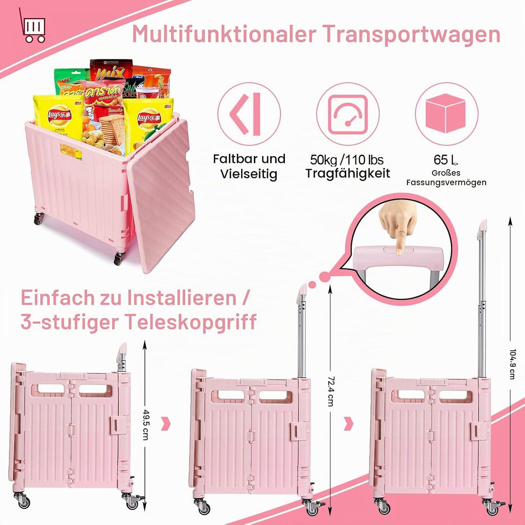 Einkaufstrolley Klappbar, Einkaufstrolley mit Deckel 65L bis 40KG, Kunststoff Einkaufswagen Klappbar