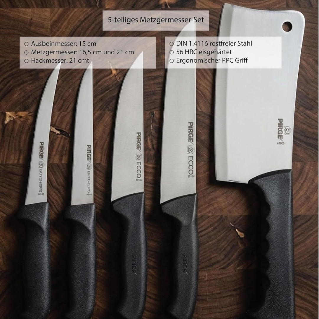 Pirge Metzgermesser Set 5 TLG Schlachtermesser - Fleischermesser - Stechmesser - Exzellenter Schärfe