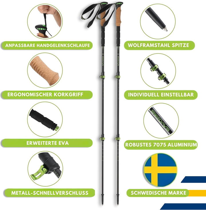 Wanderstöcke Teleskop aus Carbon & Aluminium - Nordic Walking Stöcke mit Korkgriff für Damen & Herre