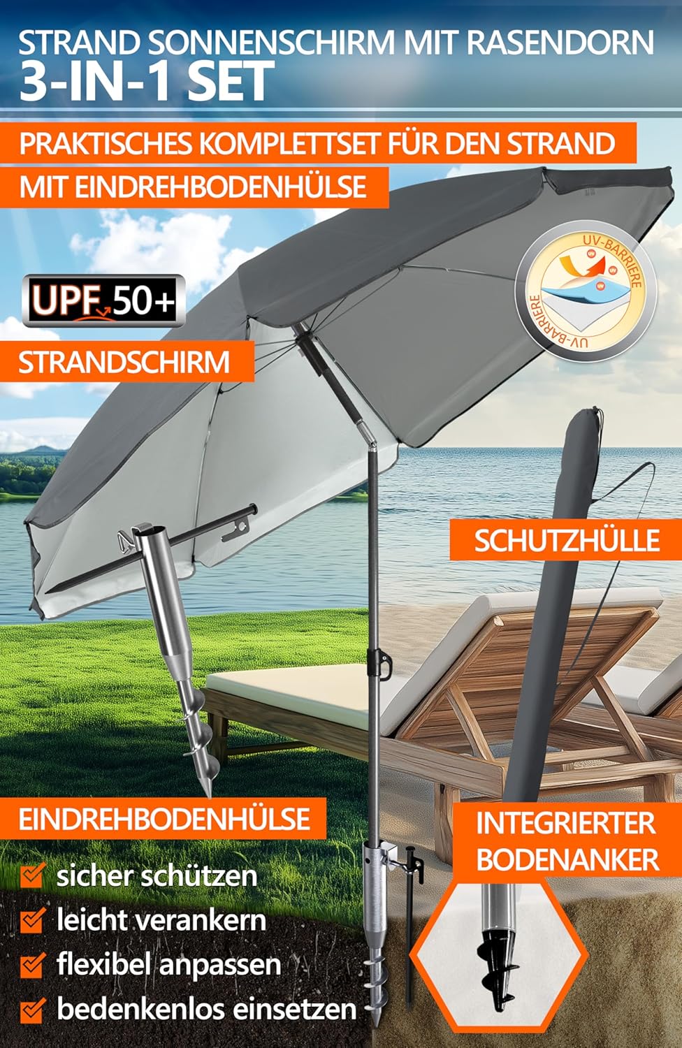 4smile Sonnenschirm Strand 3er Set in Anthrazit, Ø 160 cm Strandschirm Windfest Stabil mit Eindrehbo
