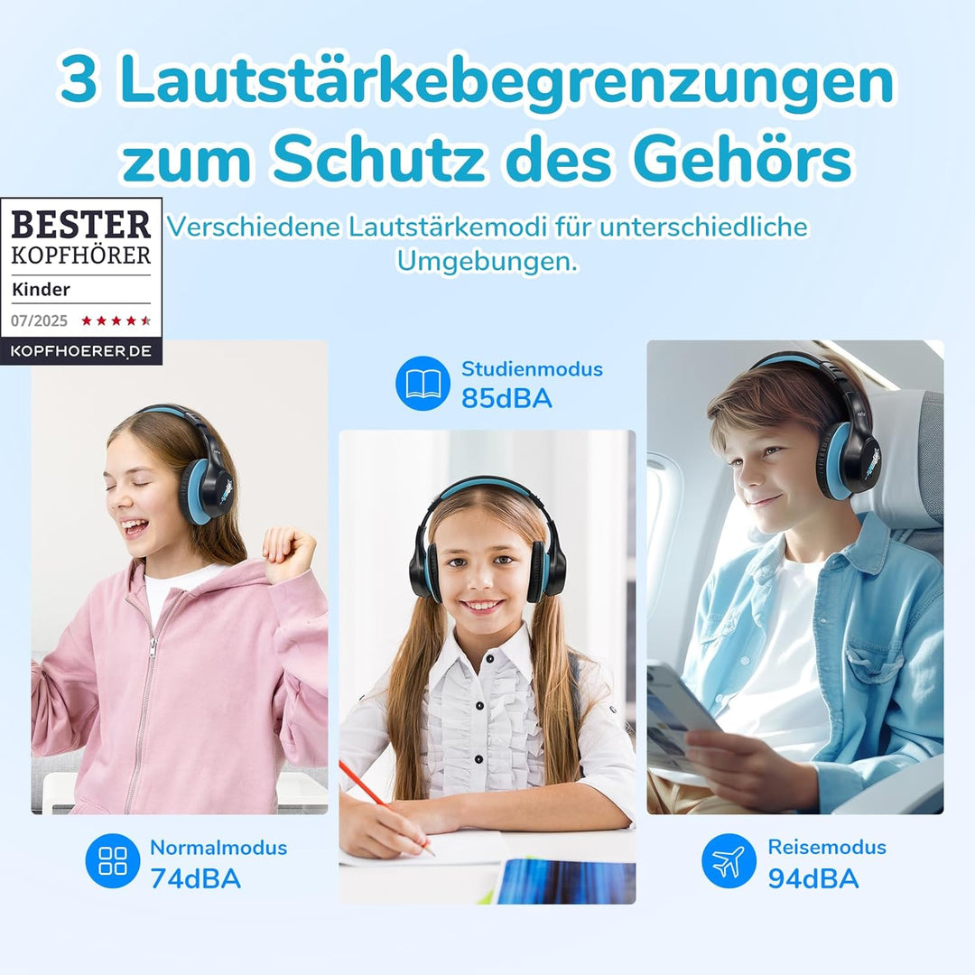 EarFun Bluetooth Kopfhörer Kinder, 5 LED-Beleuchtungsmodi, 74/85/94 dBA Lautstärkebegrenzung, 90 Std