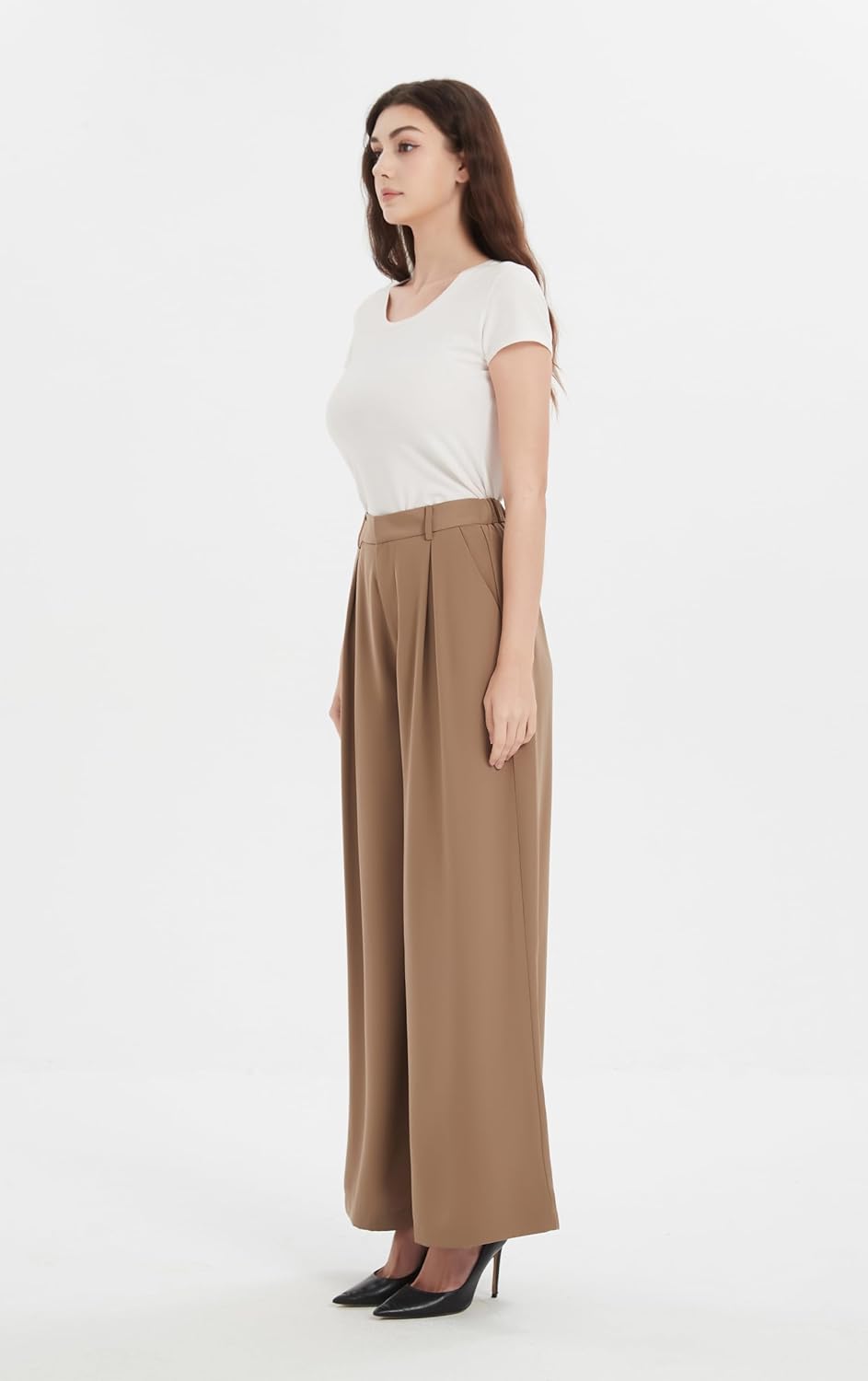 Tronjori Damen Hose Weites Bein Frauen Lange Hose mit Taschen Einfarbig Lose elastische Hohe Taille