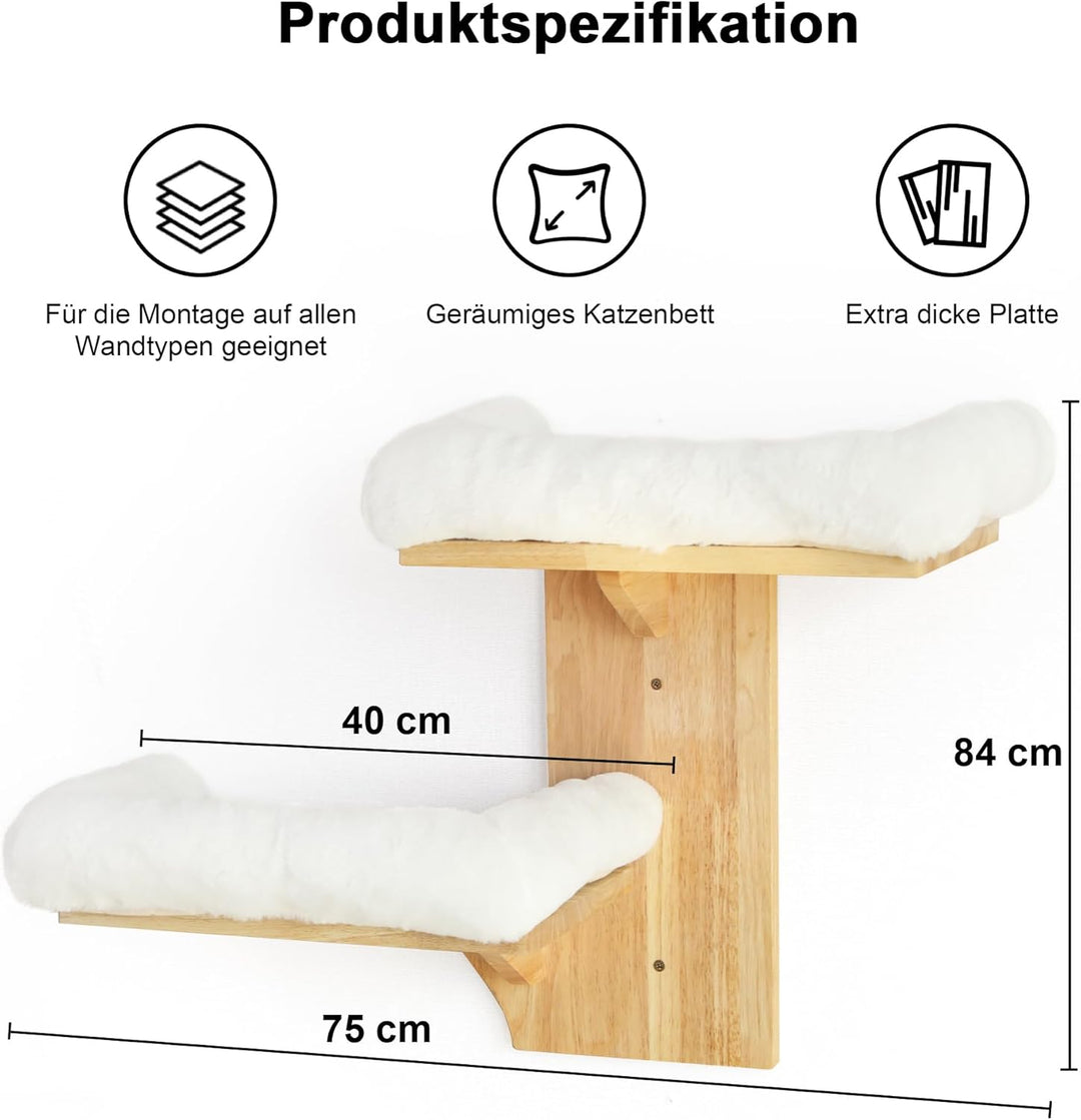 FUKUMARU Kletterwand Katze, 2 Plattform-Katzen-Wandmöbel aus Massives Gummiholz，40,6 cm Wandmontiert