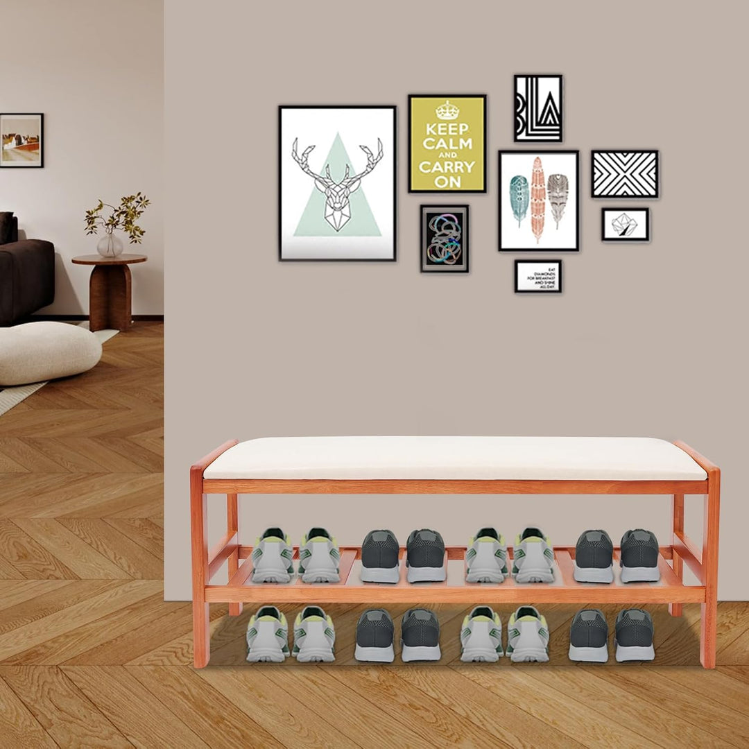 Rotbraune Schuhbank aus Gummiholz mit PU Sitzkissen freistehend | 100 mal 34 mal 42 cm Gesamtgrösse