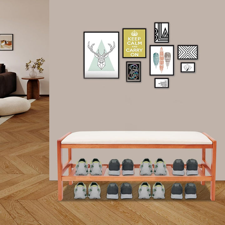 Rotbraune Schuhbank aus Gummiholz mit PU Sitzkissen freistehend | 100 mal 34 mal 42 cm Gesamtgrösse