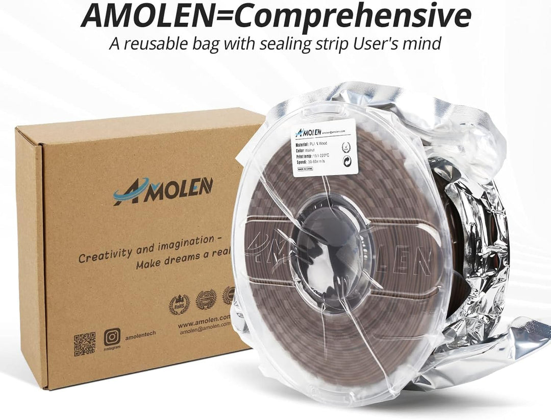 AMOLEN PLA Filament 1.75mm, Holz Nussbaum 3D Drucker Filament mit 30% Echter Holzfaser, Massgenauigk