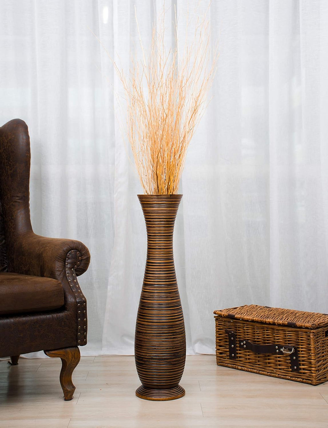 Leewadee Grosse Bodenvase für Dekozweige hohe Standvase Design Holzvase, Holz, 70 cm, Braun 70 cm Br