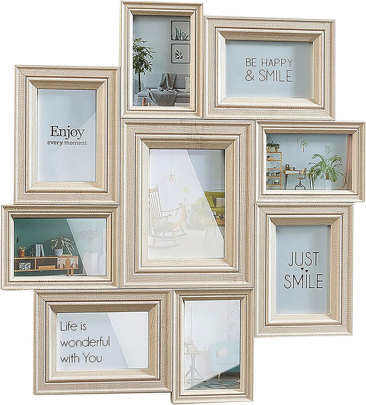Kobolo Bilderrahmen Bilderhalter Collage BEIGE für 9 Bilder aus Holz in beige 10x15cm und 13x18cm, b