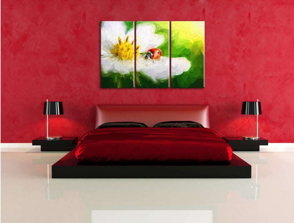 Pixxprint Marienkäfer auf Einer weissen Blume Kunst Pinsel Effekt 3-Teiler Leinwandbild 120x80 Bild