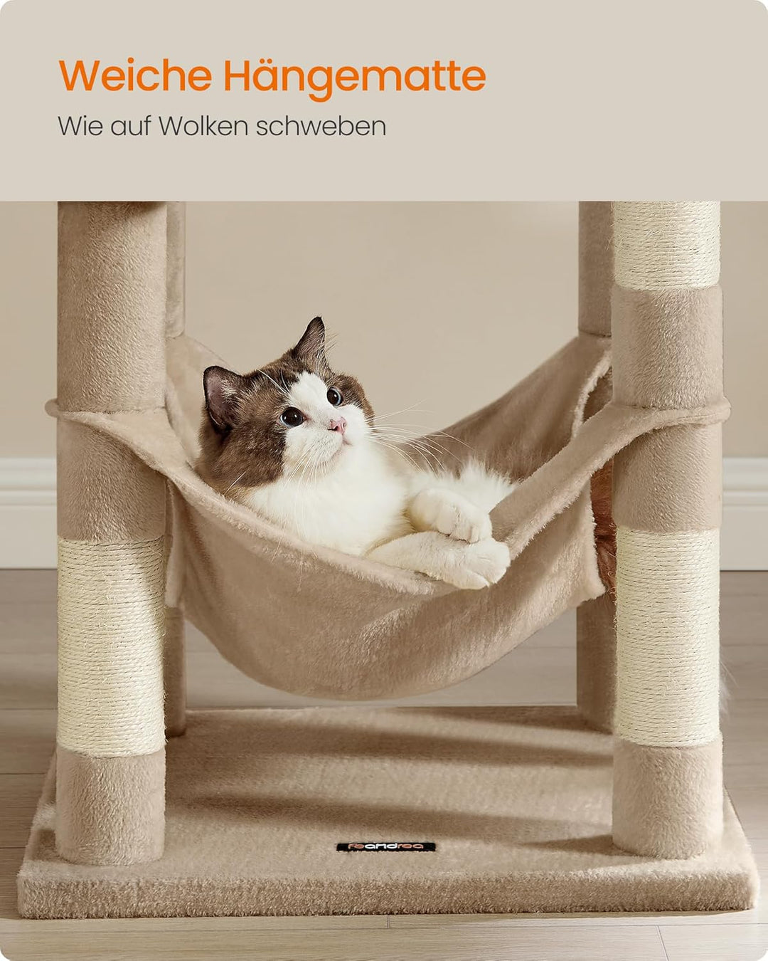 Feandrea Kratzbaum, 143 cm hoch, Katzenbaum, mehrstöckiges Katzenhaus, mit 4 Kratzsäulen, 2 Plattfor