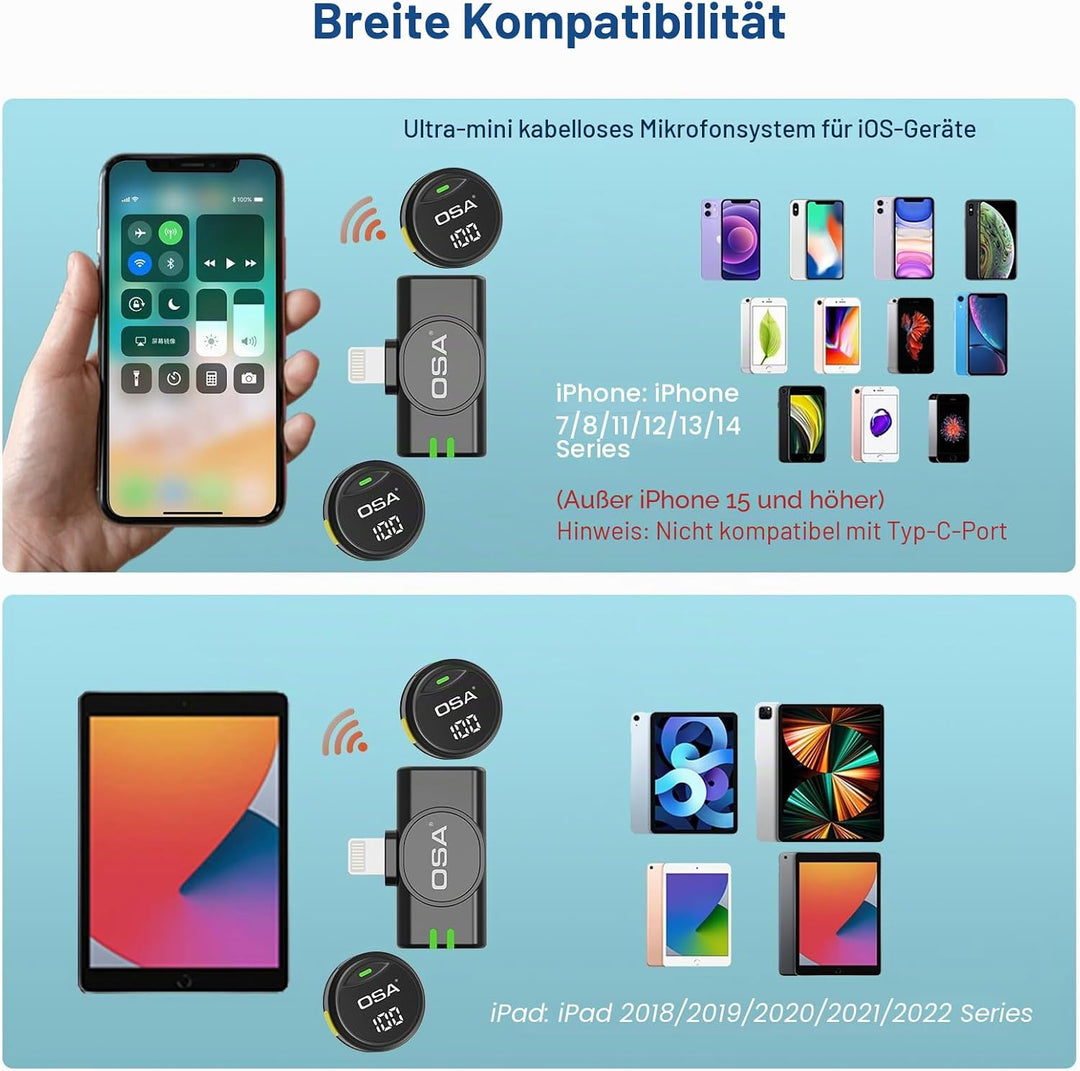 OSA Drahtloses Lavalier Mikrofon, Mini Ansteckmikrofon kabellos Lavalier Mikrofon für iPhone und iPa