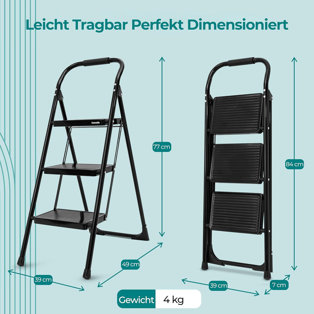 SereneLife Trittleiter 3 Stufen klappbar – Stabiler Tritthocker mit Handlauf, rutschfest, bis 259 kg