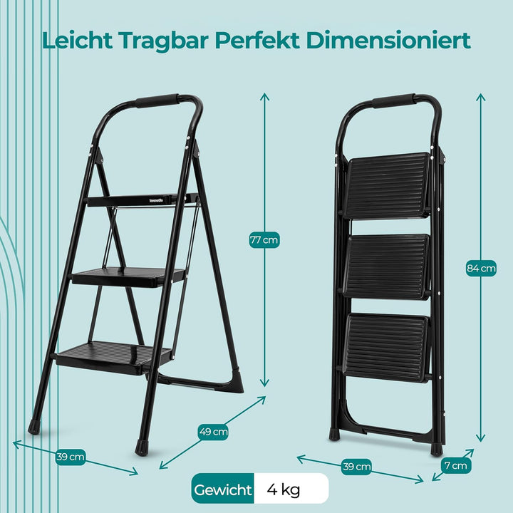 SereneLife Trittleiter 3 Stufen klappbar – Stabiler Tritthocker mit Handlauf, rutschfest, bis 259 kg