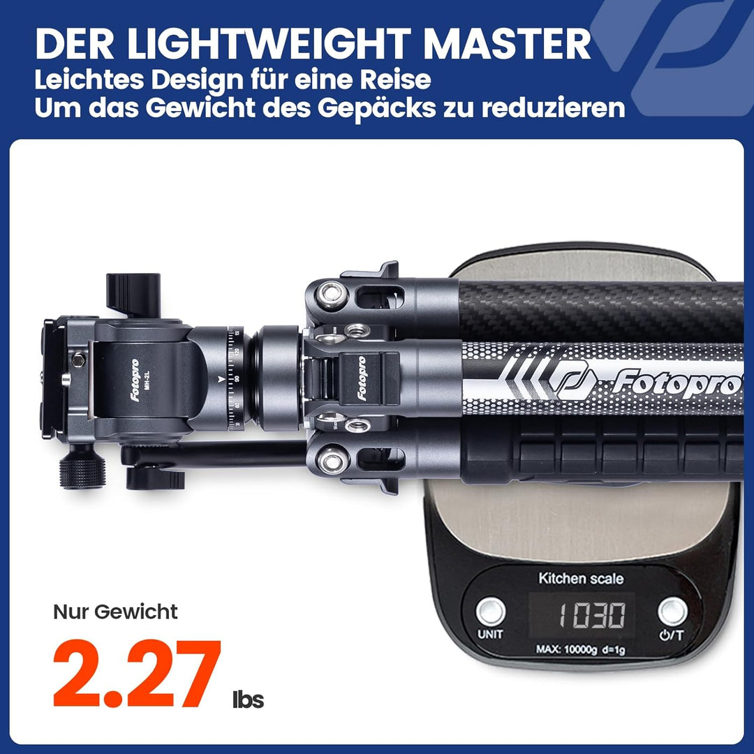 Fotopro Carbonfaser Reisestativ 1kg Ultraleicht 154 cm Tragbares Kompaktes Reise-Videostativ für Kam